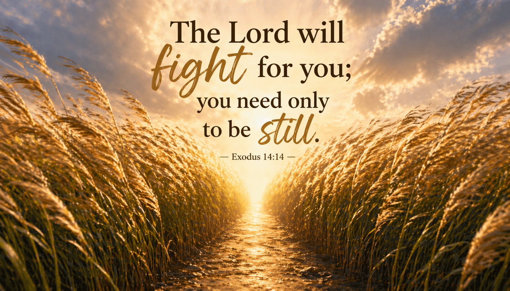 Exodus 14:14 Bible verse wallpaper - The Lord will fight for you you need only to be still - golden wheat field parting with sunset light
